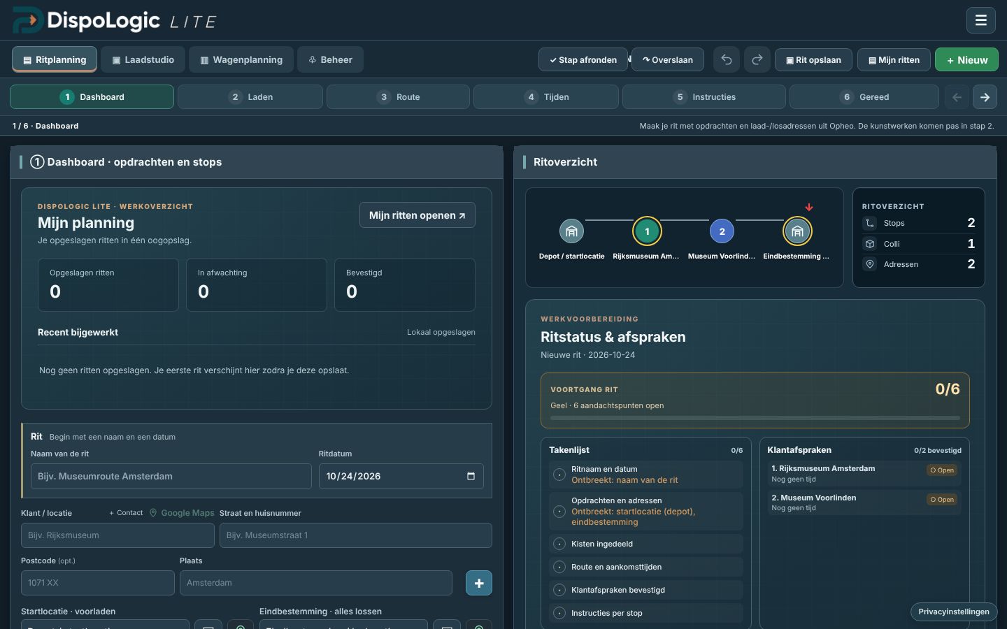 Het dashboard van DispoLogic met ritoverzicht, takenlijst en klantafspraken